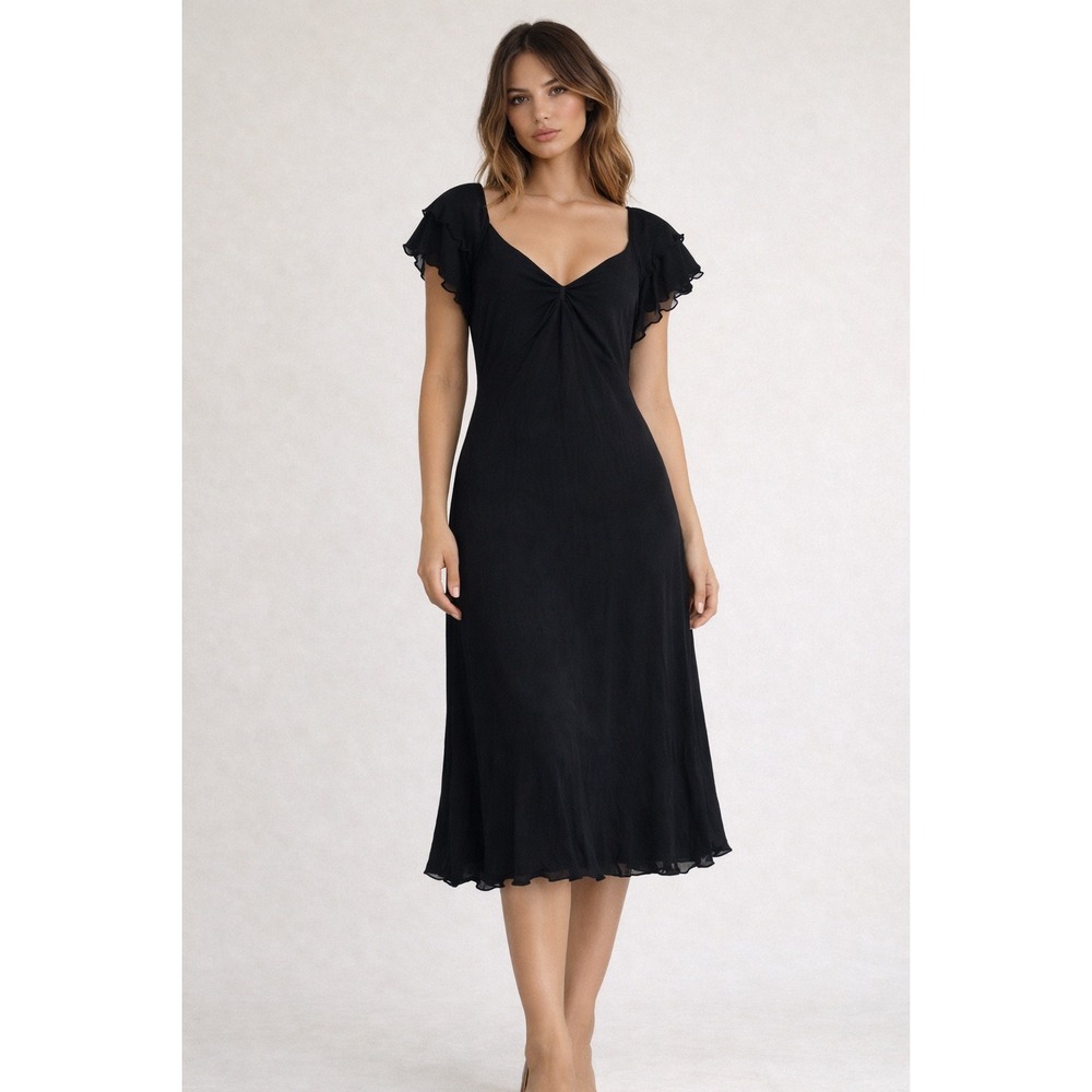 Y2K Ideology Midi Dress L Black‎ Flutter Sleeve Mesh Lettuce Trim Whimsigoth 90s